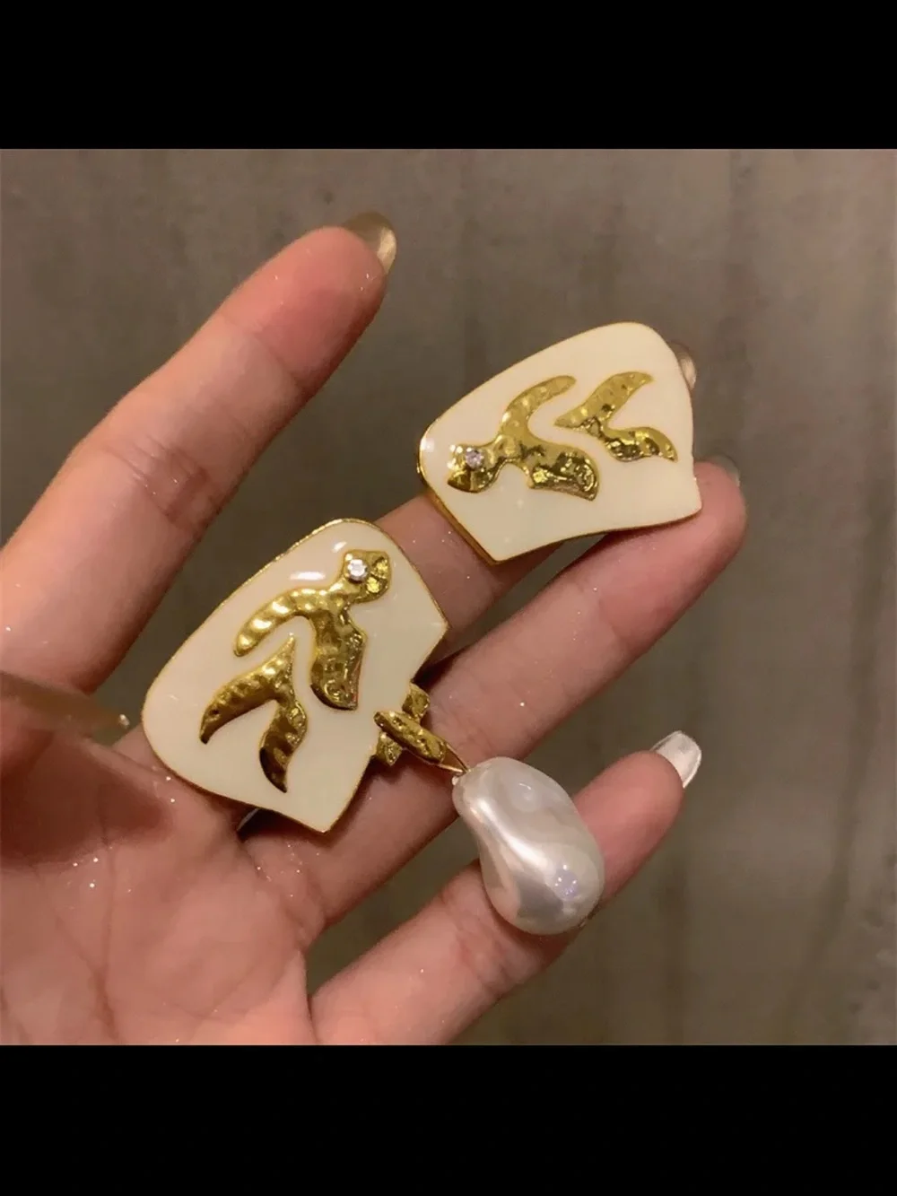 White and Gold Abstract Pearl Drop Earrings - Women Jewelry